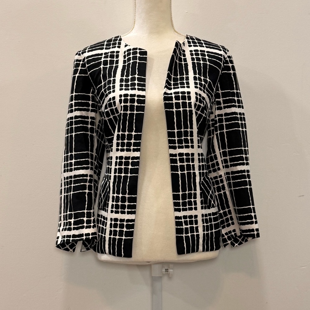 Pendleton 100% Silk Black White Geometric Open Front Jacket Blazer Size 8